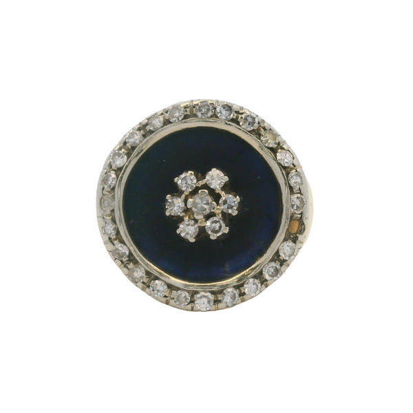 Antique Late Victorian Era 18kt 2-Tone Gold Diamond Cluster and Blue Enamel Circle Cocktail Ring Size 4