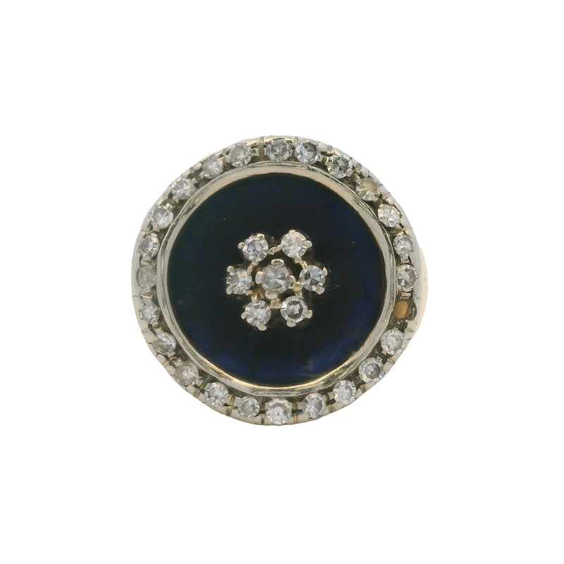 Antique Late Victorian Era 18kt 2-Tone Gold Diamond Cluster and Blue Enamel Circle Cocktail Ring Size 4