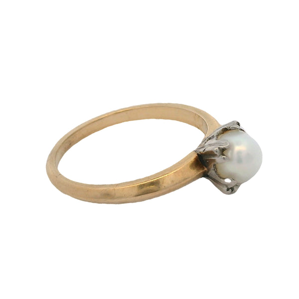 Vintage 1950s Akoya Pearl Solitaire Knife's Edge Ring in 14kt Yellow Gold Size 6.5
