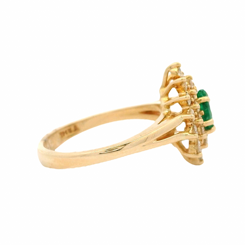 Vintage Solid 14kt Yellow Gold Pear-Cut Emerald Cocktail Ring with Double Halo of Diamonds Size 6