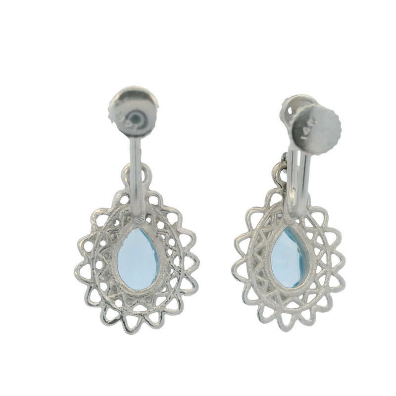 Solid 14kt White Gold Screw-Back Unpierced Drop/Dangle Earrings with Pear Blue Topaz