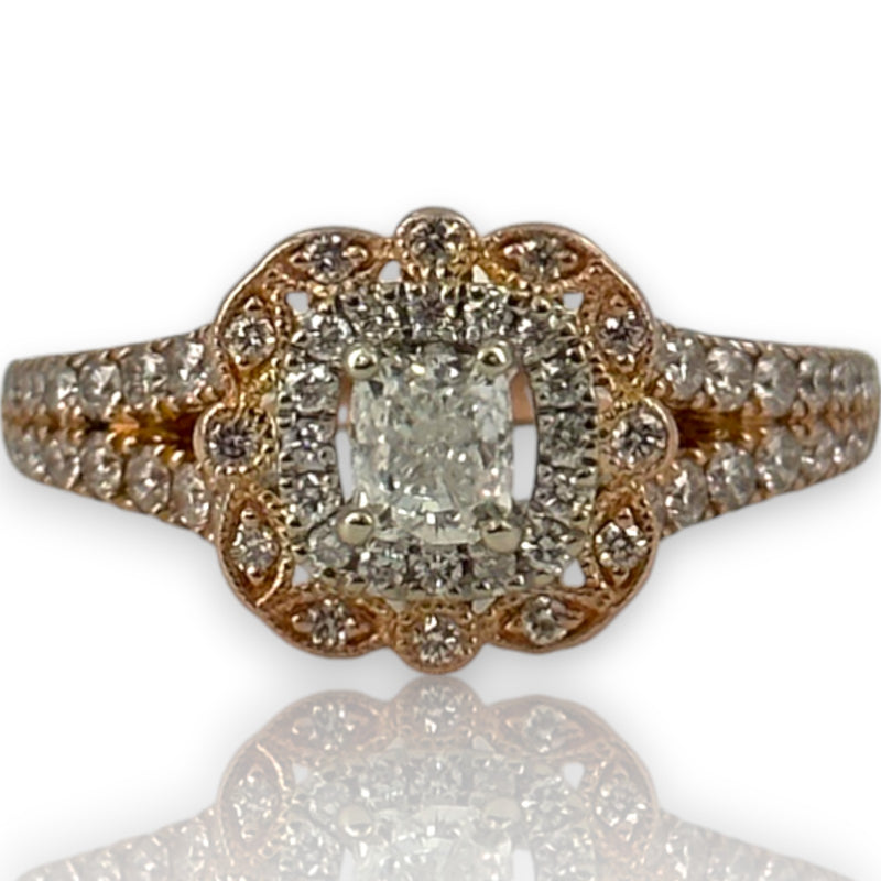Neil Lane Retired Solid 14kt Rose Gold Cushion Cut Prong Set Diamond Engagement Ring with Double Halo and Diamond Split Sides Size 8.5