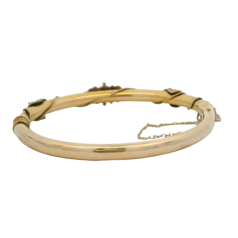 Antique Late Victorian Art Nouveau 14kt Yellow Gold and Cabochon Opal Rope Bangle Bracelet 6.5"