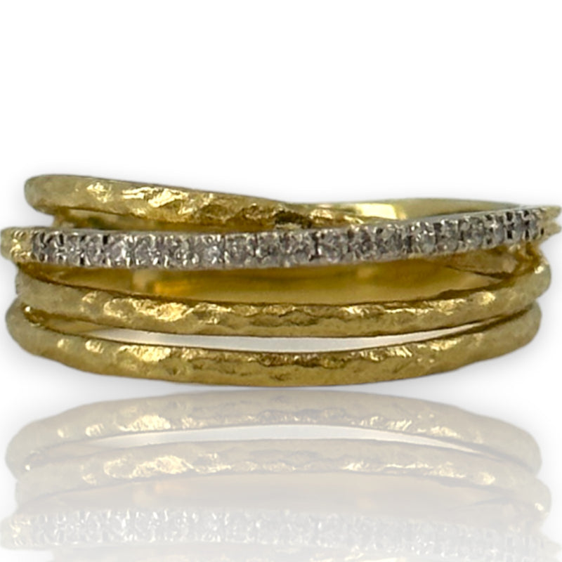 Multi-Band Crossover Ring with Natural Diamonds Stackable Accent Band Size 7 14kt Solid Yellow Gold
