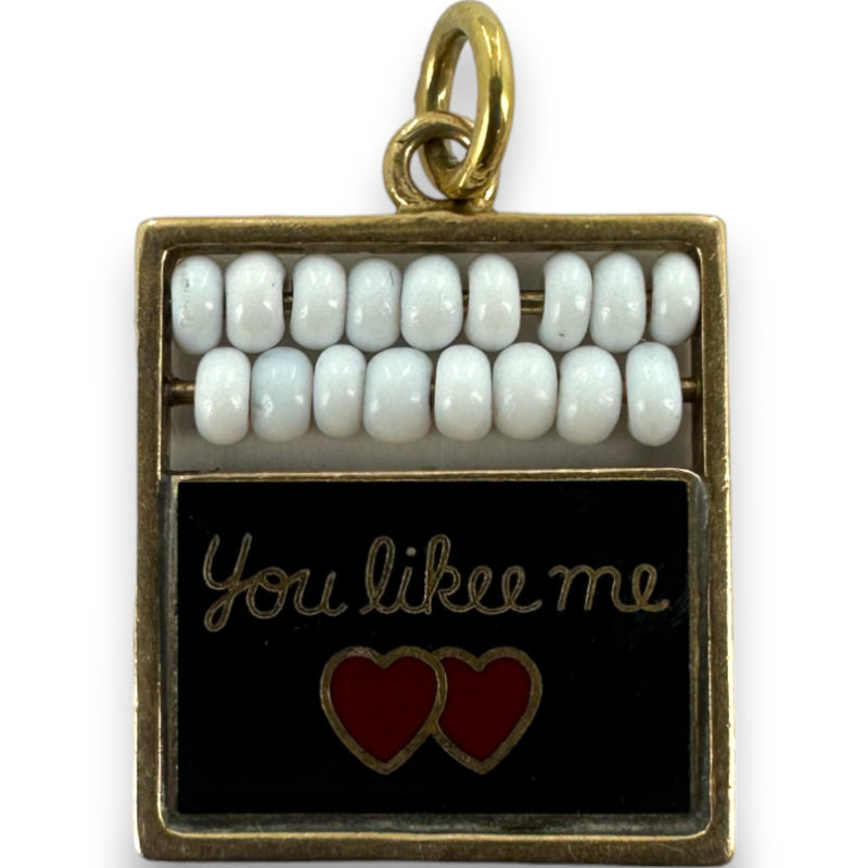 Antique 1930s Solid 14kt Yellow Gold Abacus Count The Ways I Likee You You Likee Me Enamel Chalkboard Charm Pendant