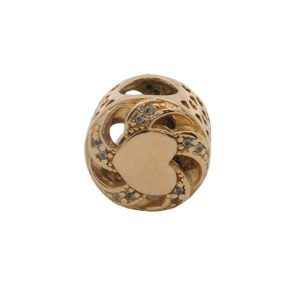 Charm deslizante con espaciador de corazón de cinta de oro amarillo sólido de 14 kt y circonitas (retirado de Pandora)