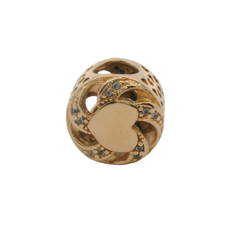 Charm deslizante con espaciador de corazón de cinta de oro amarillo sólido de 14 kt y circonitas (retirado de Pandora)