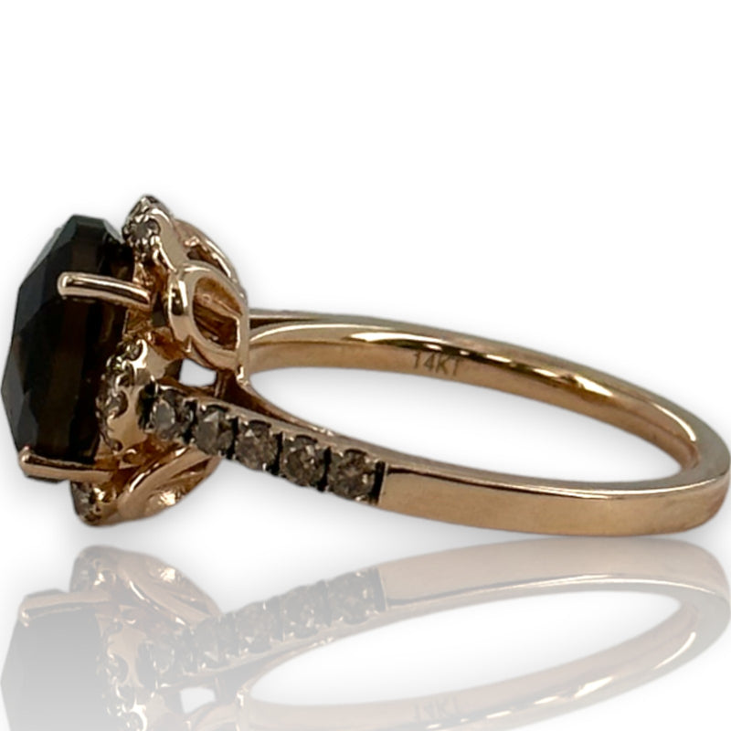 LeVian Solid 14kt Strawberry Rose Gold Ring with Chocolate Smokey Quartz and Diamond Accents Size 6.75