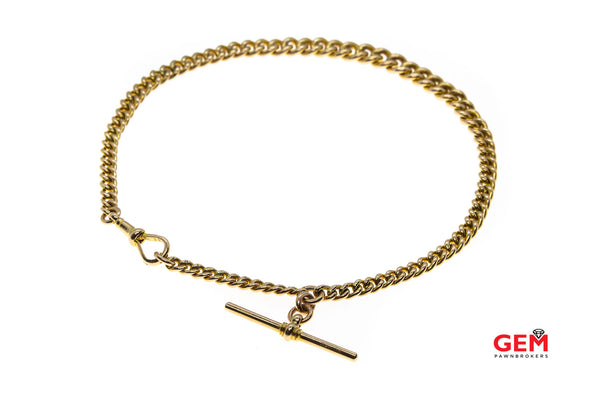 Antique 1900-1910s WH Wilmot Ltd Solid 9kt Yellow Gold Albert Pocket Watch Chain with Buttonhole T-Bar and Dog Clip Clasp