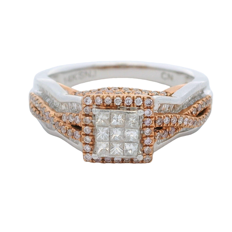 Solid 14kt White and Rose Gold Princess Cut Diamond Cluster Ring with Halo and Accent Band Size 7