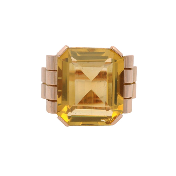 Vintage 1930s-50s Retro Era 18kt Rose Gold Emerald Cut Citrine Cocktail Statement Ring Size 7.75