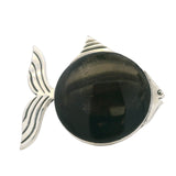 Taxco Mexico 925 Sterling Silver and Golden Sheen Obsidian Large Fish Brooch Pin