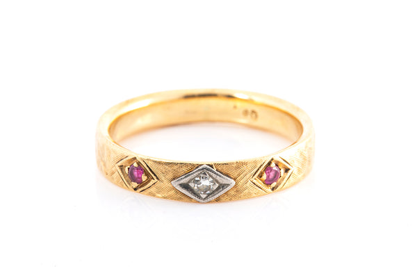 Antique Diamond & Ruby Sateen Finished 14k 585 Yellow Gold Band Ring Size 8