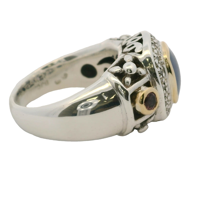 Anillo de cóctel de plata de ley 925 y oro amarillo de 18 kt con halo de calcedonia, rubí y diamantes, talla 8