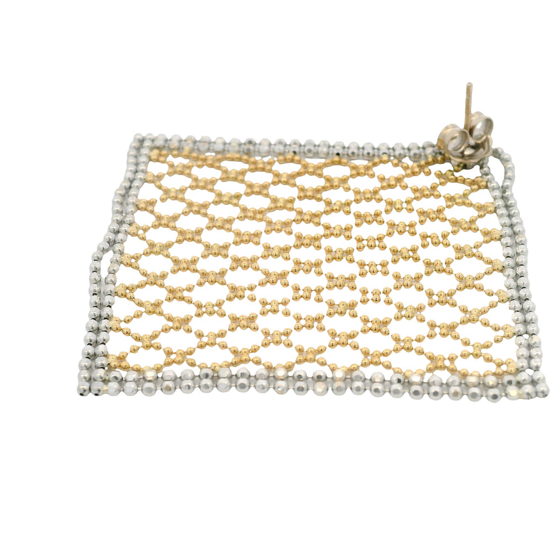 Vintage Italian Solid 18kt Yellow and White Gold Net Fabric Woven Long Drop/Dangle Earrings