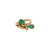 Vintage 14kt Yellow Gold and 2 Vivid Pear Cut Emeralds Modernist Cocktail Bypass Ring Size 6.5