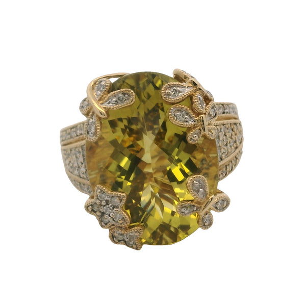 Vintage LeVian 14kt Yellow Gold Lemon Quartz and Diamonds Stars and Butterflies Cocktail Ring
