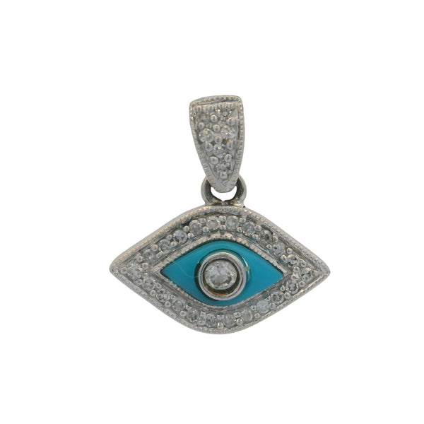 14kt White Gold, Turquoise, CZ, and Diamond Mini Evil Eye Charm Pendant