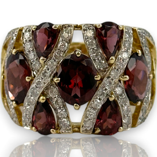 Ciemme Large Luxury Cocktail Ring with Rhodalite Garnets and Natural Diamonds Solid 14k Yellow Gold Size 9.5