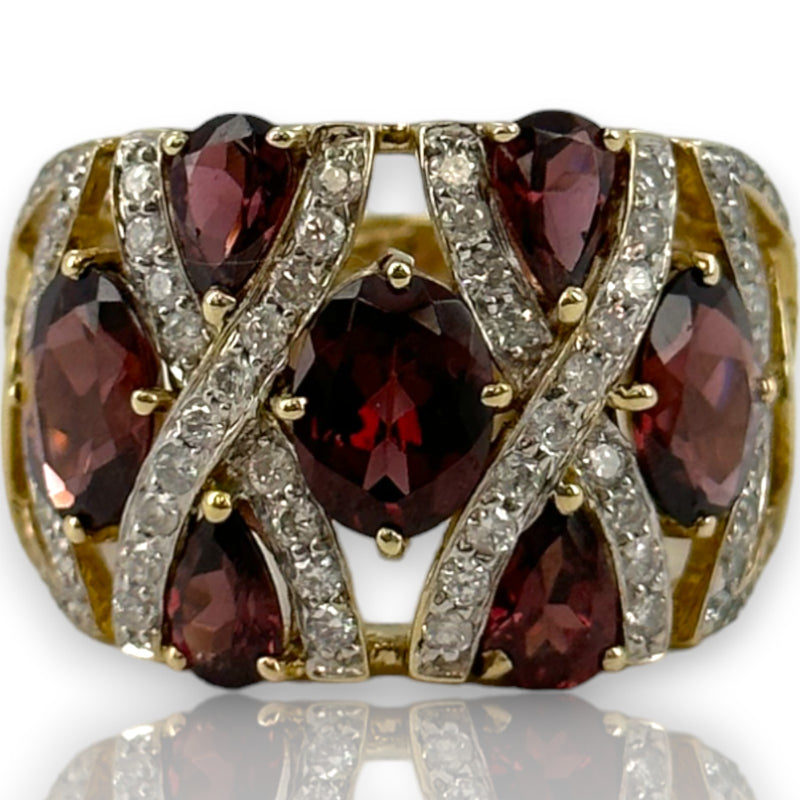 Ciemme Large Luxury Cocktail Ring with Rhodalite Garnets and Natural Diamonds Solid 14k Yellow Gold Size 9.5