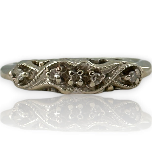 Vintage 1940-50s 14kt White Gold and Diamond Swirl Pattern Milgrain Wedding Band Ring