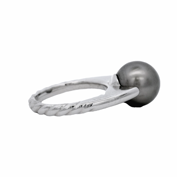 David Yurman Retired Solid 18kt White Gold Tahitian Black Pearl Solitaire Ring with Twisted Rope Style Band Size 6