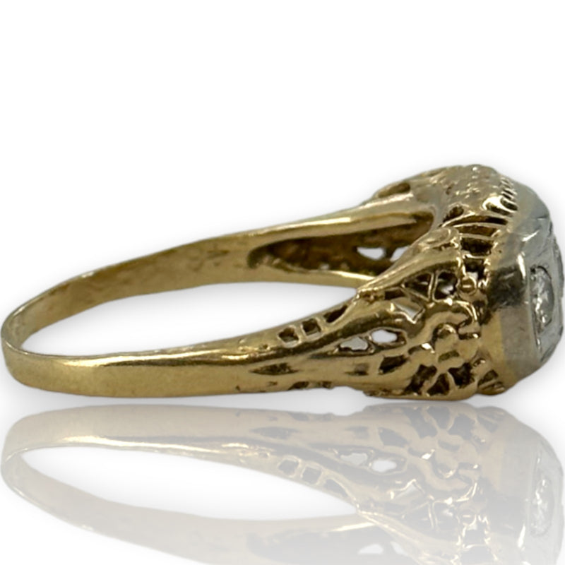 Vintage 14kt Yellow/White Gold Cast of Art Deco Filigree Ring with Original Old Euro and Transitional Diamonds