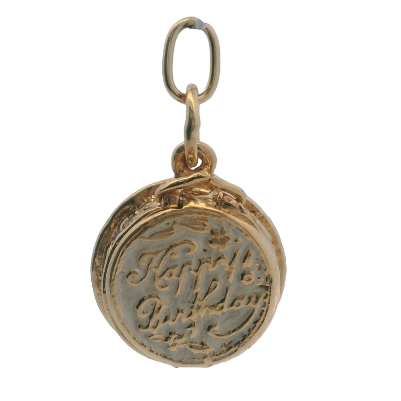 Small Vintage 14kt Yellow Gold and White Enamel Openable Birthday Cake and Candle Charm