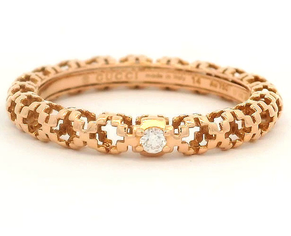 GUCCI Diamantissima Collection 18kt Rose Gold Openwork Band with Single Diamond Made in Italy