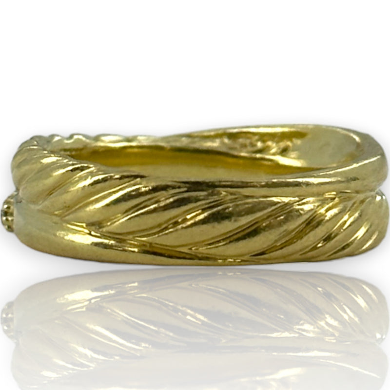 David Yurman Signed Solid Heavy 18kt Yellow Gold 750 Twist Band Crossover Ring with Diamonds Size 6.75