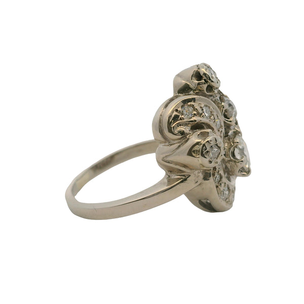 Vintage 1940-50s 14k White Gold and Diamond Retro Abstract 19mm Wide Cocktail Ring Size 7