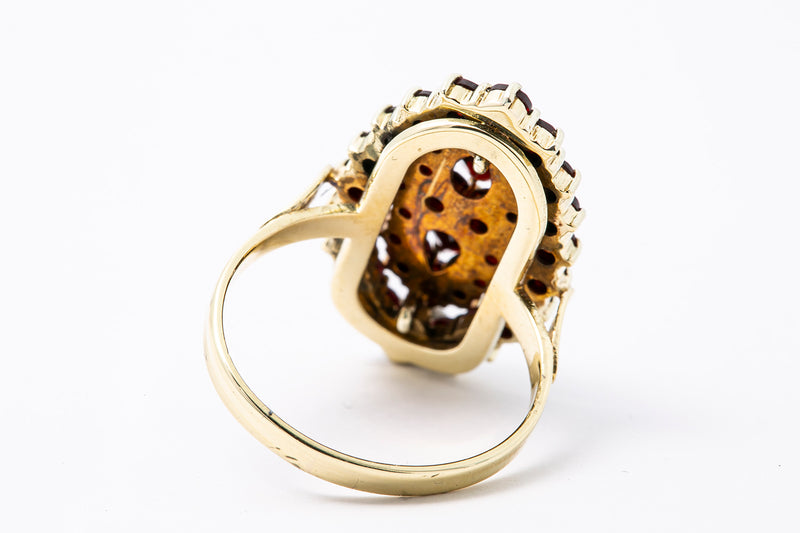 Victorian Revival Natural Almandine Garnet Navette Cluster 18K 750 Yellow Gold Ring S 7 1/4