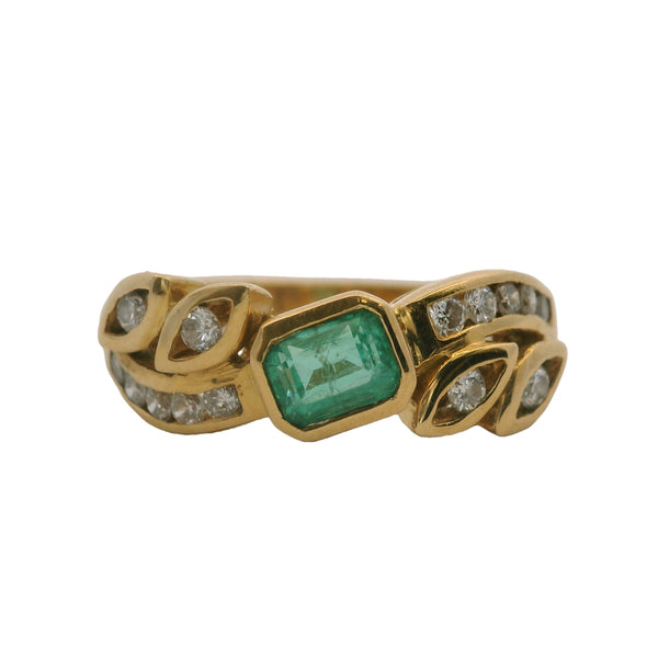 18kt Yellow Gold and Emerald Solitaire Ring with Diamond Leaf and Side Accents Size 7