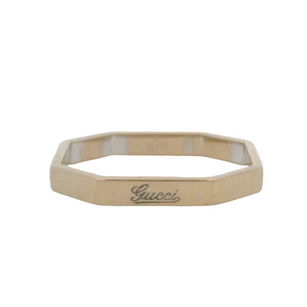 Retired Gucci Solid 18kt White Gold Octagonal Cursive Logo Band Ring Size 10
