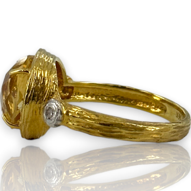 I. Reiss Solid 14k Yellow Textured Gold Checkerboard Cut Citrine and Diamond Accent Cocktail Ring Size 7.5