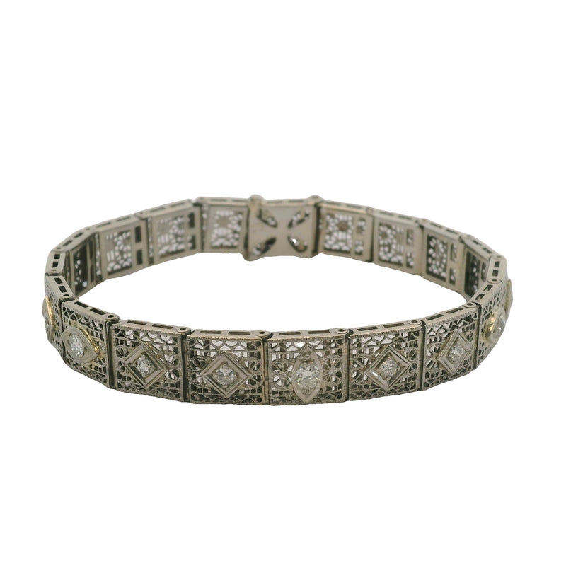 Estate Diamond Filigree Accent 14K 585 White Gold Pierced Bracelet