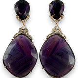 JRG Unique Solid 18kt Rose Gold Thin-Sliced Amethyst and Diamond 1.8" Long Drop/Dangle Earrings