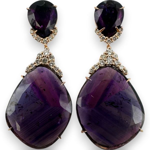 JRG Unique Solid 18kt Rose Gold Thin-Sliced Amethyst and Diamond 1.8" Long Drop/Dangle Earrings
