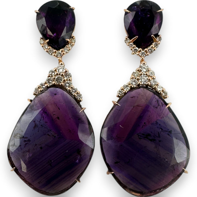 JRG Unique Solid 18kt Rose Gold Thin-Sliced Amethyst and Diamond 1.8" Long Drop/Dangle Earrings