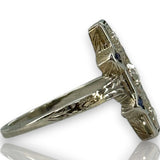 Antique 1910-20s Early Art Deco 18kt White Gold, Natural Old Mine Diamond, and Lab Sapphire Dinner Ring with Openwork Milgrain Detail Size 6.5