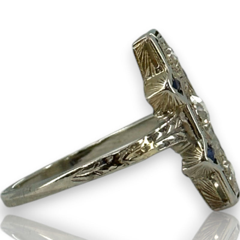 Antique 1910-20s Early Art Deco 18kt White Gold, Natural Old Mine Diamond, and Lab Sapphire Dinner Ring with Openwork Milgrain Detail Size 6.5