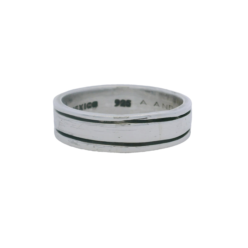 Anillo de banda de doble filo de 6,3 mm en plata de ley 925, fabricado en México.