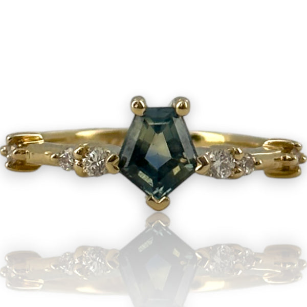 14kt Solid Yellow Gold Ring With Hexagon-Cut Montana Sapphire and Diamond Accents Size 6