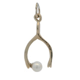 Vintage 14kt Yellow Gold Wishbone 23mm Long Good Luck Wish Pendant with Pearl