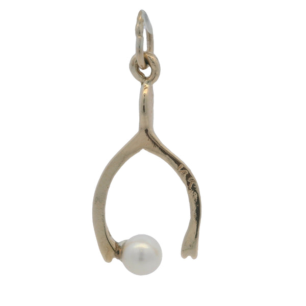 Vintage 14kt Yellow Gold Wishbone 23mm Long Good Luck Wish Pendant with Pearl