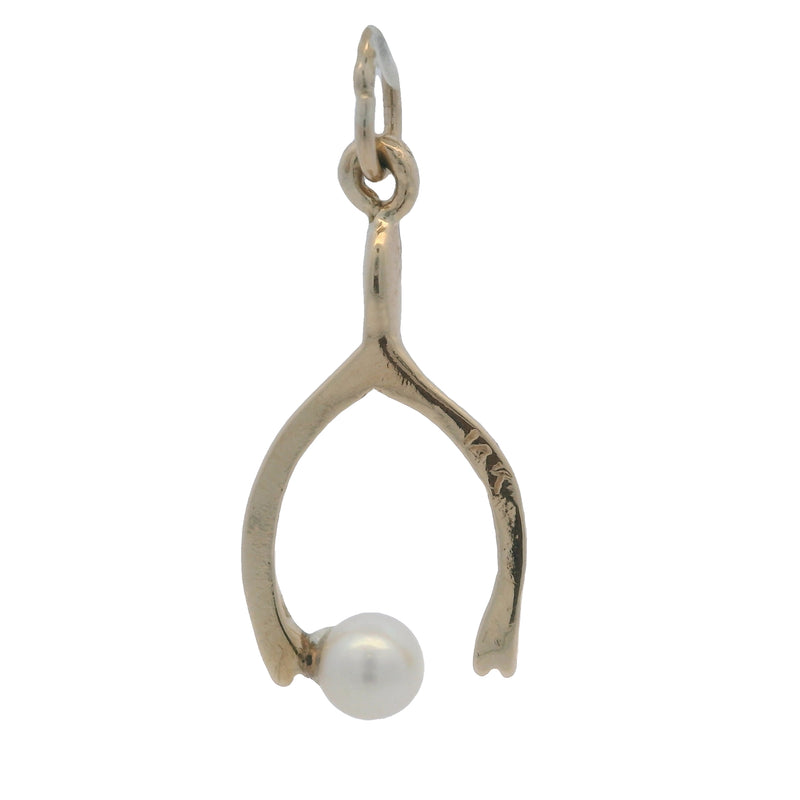Vintage 14kt Yellow Gold Wishbone 23mm Long Good Luck Wish Pendant with Pearl