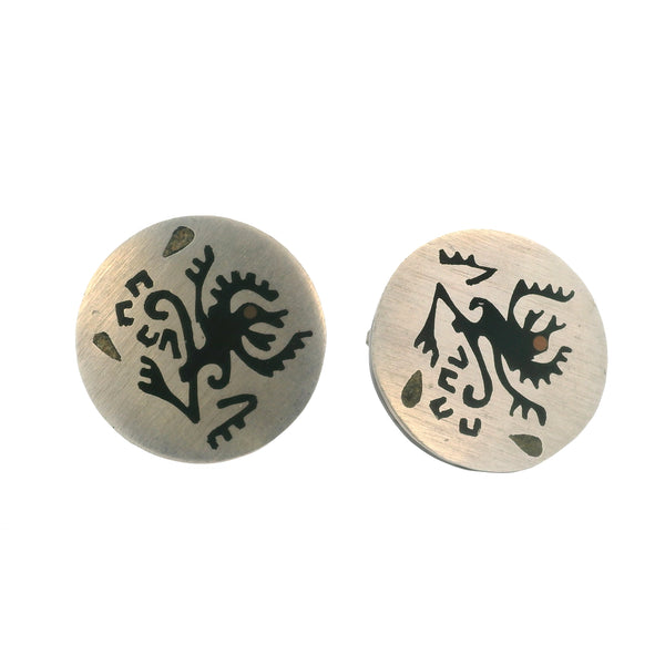 Taxco 925 Sterling Silver Aztec Dancing Monkey Screw-Back Unpierced Earrings with Black Enamel Inlay Signed HAB Converted From Cufflinks