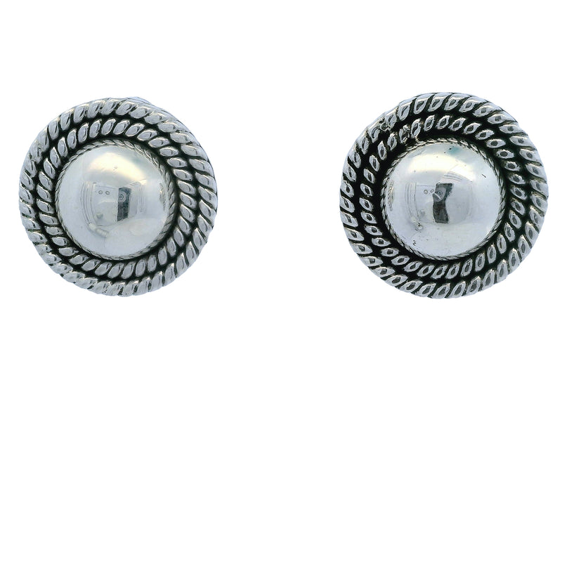 Mexican 925 Sterling Silver Taxco Round Button Rope 22.5mm Stud Earrings