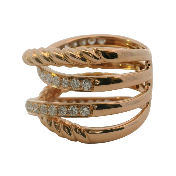 Solid 18kt Rose Gold Stacked Rope Crossover 16mm Ring with 0.84ctw of Diamonds Size 7