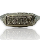 Antique 1920-30s Art Deco Filigree 3-Stone Diamond Solid 14kt White Gold Cocktail Wedding Engagement Ring Size 9